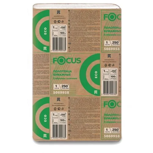 Бумажные листовые полотенца Z-сложения Focus, 1 слой, 250 листов, 24×21,5 см [12 шт]