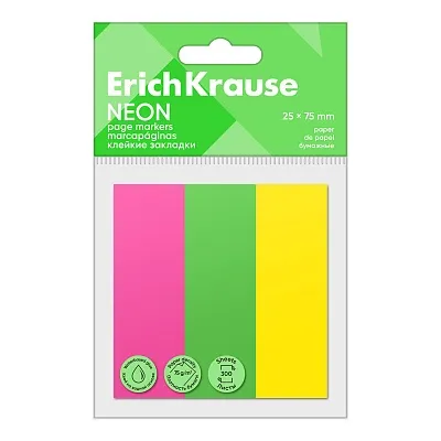 Клейкие закладки бумажные ErichKrause Neon, 25x75 мм, 300 листов, 3 цвета
