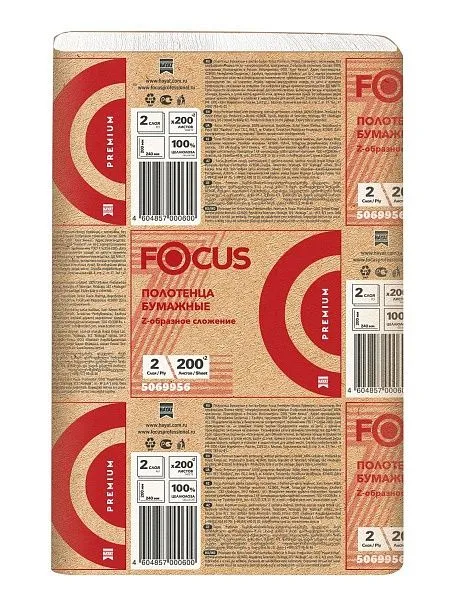 Бумажные листовые полотенца Z-сложения Focus, 2 слоя, 200 листов, 24×20 см [12 шт]