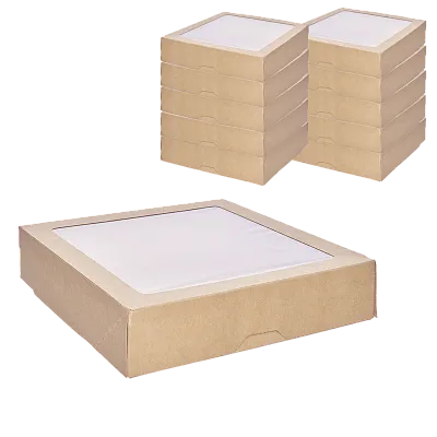 Контейнер бумажный с окном крафт 1500 мл, 200×200×48 мм, 1EA OneBox [150 шт]