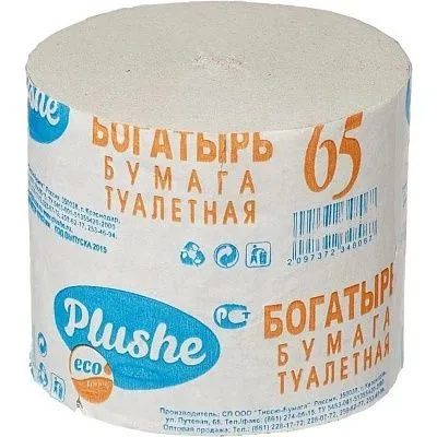 Туалетная бумага Plushe «Богатырь» серая, 1 слой, 57 м, без втулки, ОМ [30 шт]