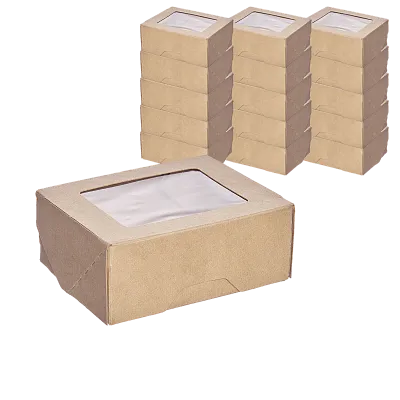 Контейнер бумажный с окном крафт 350 мл, 80×100×40 мм, 1EA OneBox [600 шт]