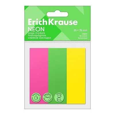 Клейкие закладки бумажные ErichKrause Neon, 25x75 мм, 300 листов, 3 цвета