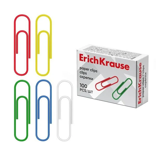 Скрепки металлические с виниловым покрытием ErichKrause Classic, 33 мм, ассорти (в коробке по 100 шт