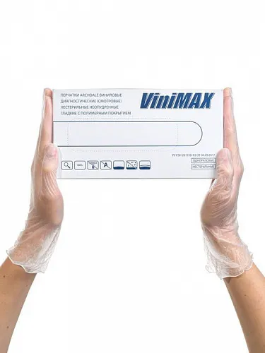 Виниловые перчатки L прозрачные ViniMax, 50 пар (10 шт/кор)