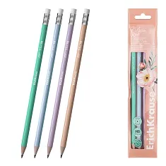 Набор из 4 чернографитных карандашей пластиковых ErichKrause JOY® Pastel Bloom, круглых, с ластиком,