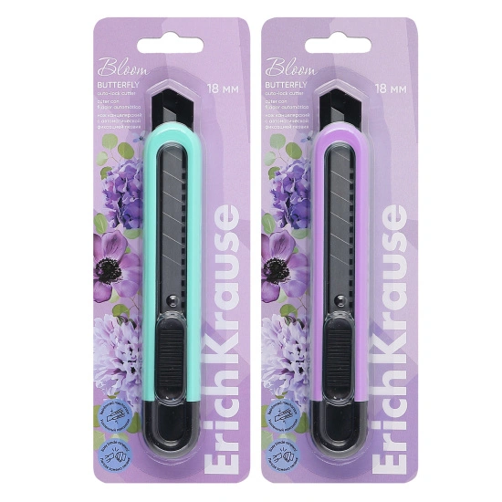 Нож канцелярский ErichKrause Butterfly Pastel Bloom, с автоматической фиксацией лезвия, 18 мм, ассор