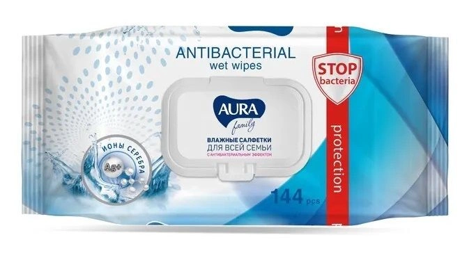 Влажная салфетка антибактериальная c клапаном "Aura Family" - 144шт (12шт-уп) 33541