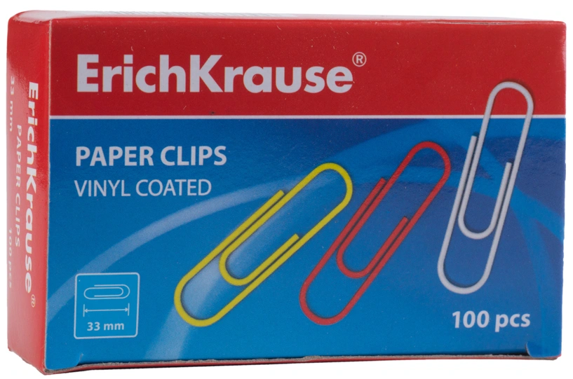 Скрепки металлические с виниловым покрытием ErichKrause Classic, 33 мм, ассорти (в коробке по 100 шт