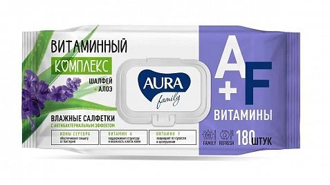 Влажная салфетка антибактериальная c клапаном "Aura Family" - 180шт (12шт-уп) 37125