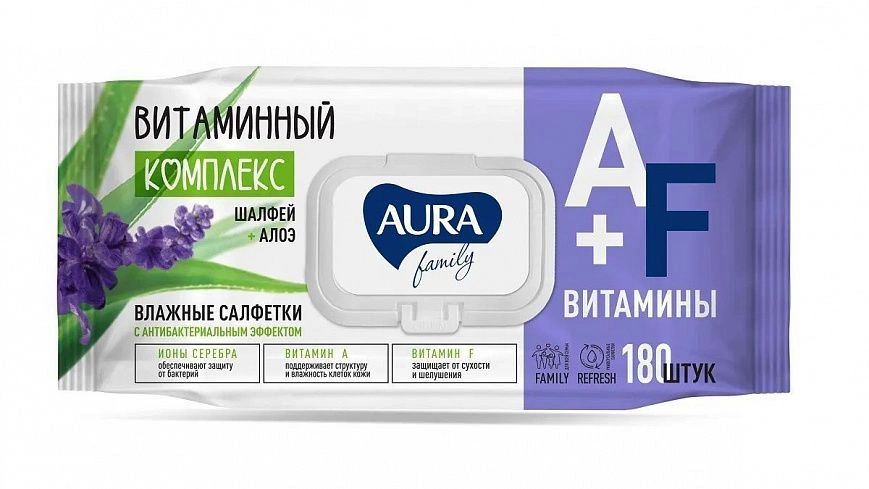 Влажная салфетка антибактериальная c клапаном "Aura Family" - 180шт (12шт-уп) 37125 Влажная салфетка антибактериальная c клапаном "Aura Family" - 180шт (12шт-уп) 37125