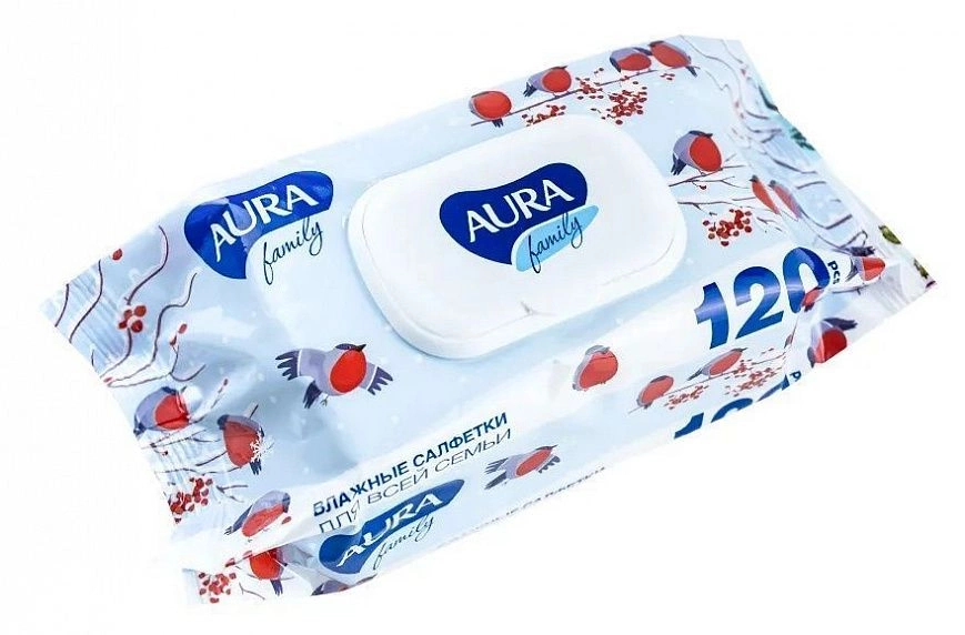 Влажная салфетка антибактериальная c клапаном "Aura Family" - 120шт (12шт-уп) 10329