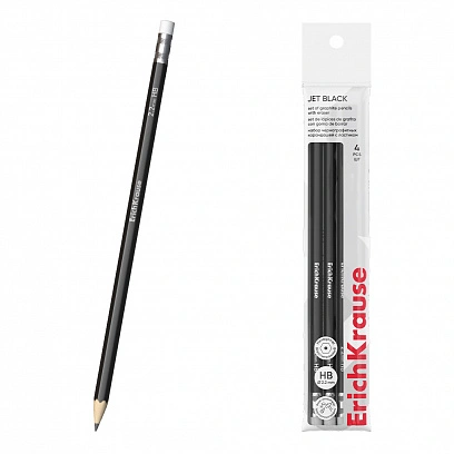 Набор из 4 чернографитных карандашей ErichKrause Jet Black, шестигранных, с ластиком, HB (в пакете)