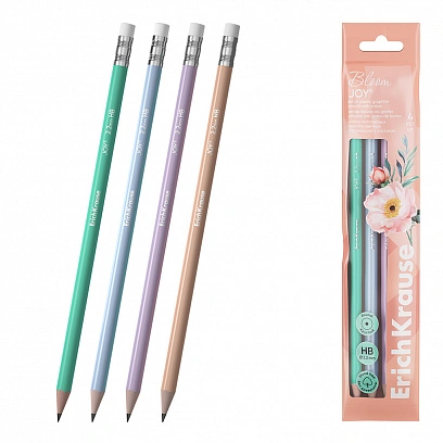 Набор из 4 чернографитных карандашей пластиковых ErichKrause JOY® Pastel Bloom, круглых, с ластиком,