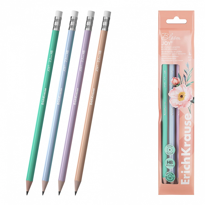 Набор из 4 чернографитных карандашей пластиковых ErichKrause JOY® Pastel Bloom, круглых, с ластиком,