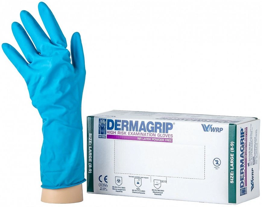Перчатки Латексные прочные голубые "Dermagrip" - XL (25пар) 1