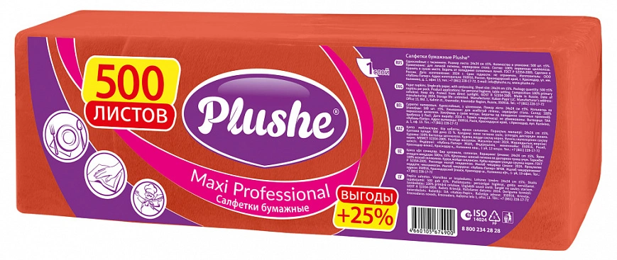 Plushe салфетки 24х24 1сл Красные 500л - [4шт]