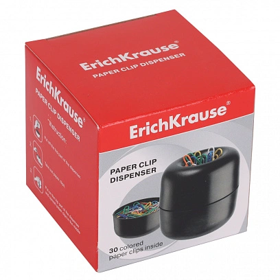 Скрепочница магнитная + 30 цветных скрепок черная Erich Krause 
