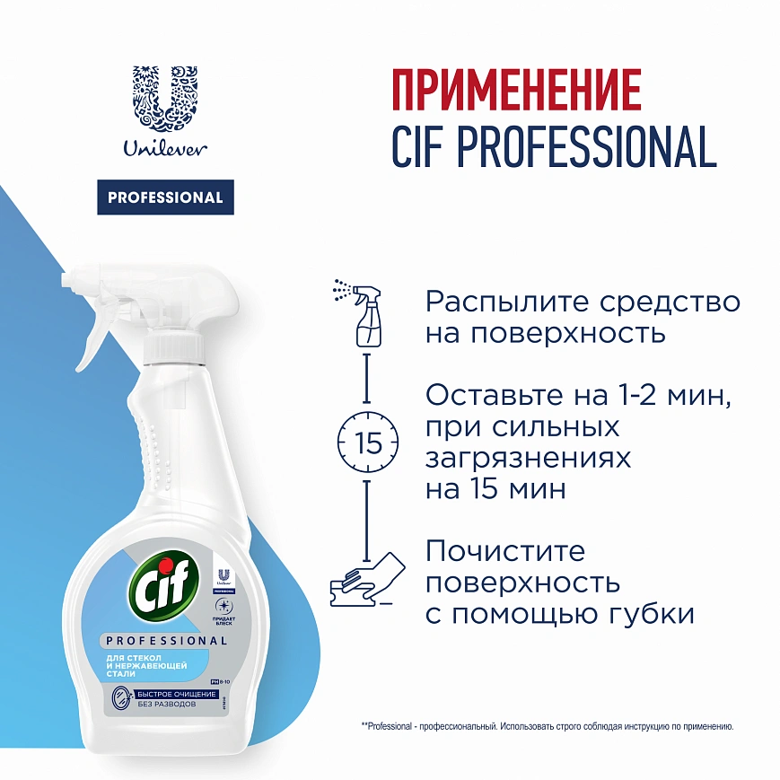 "CIF" для стекол, нержавеющей стали и блестящих поверхностей, 500мл /спрей/ (12шт-уп)