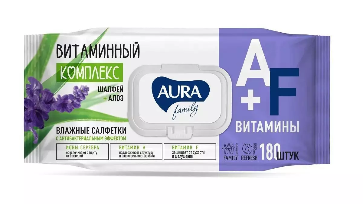 Влажная салфетка антибактериальная c клапаном "Aura Family" - 180шт (12шт-уп) 37125